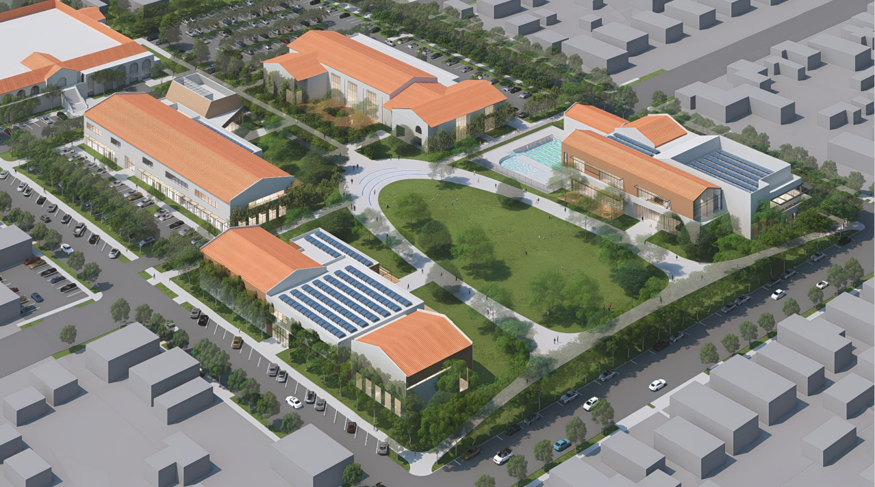 Aerial view of the Civic Center with terracotta-roofed buildings, oval park, pool, tree-lined paths