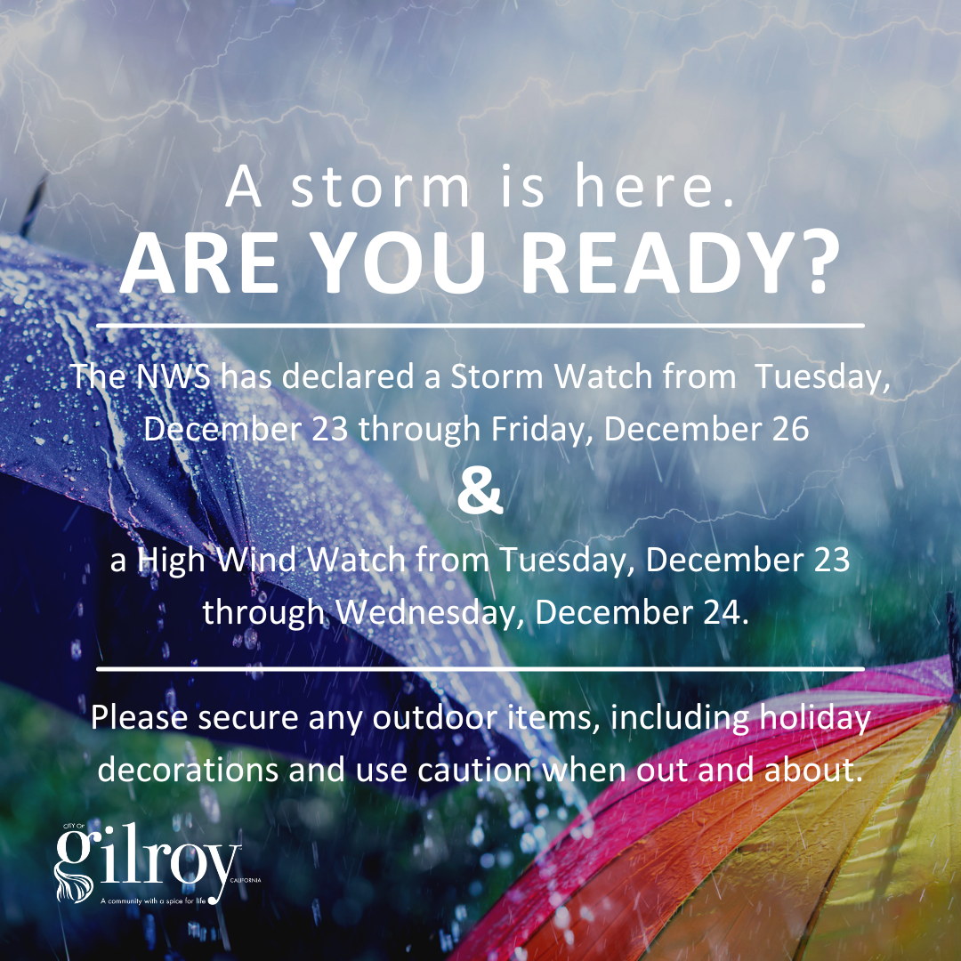 Image of storm with information about current storm watch and high wind watch