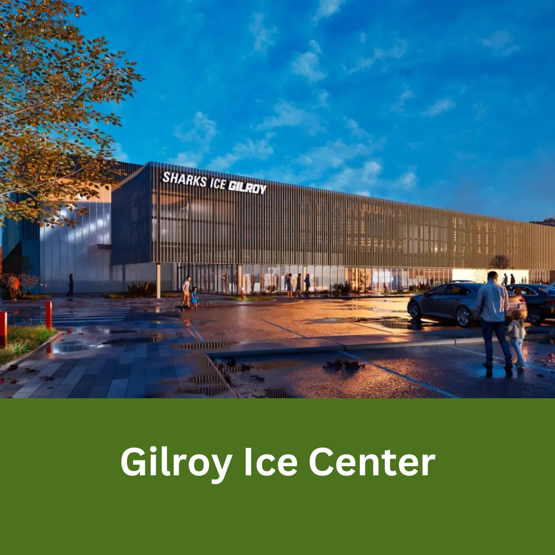 Rendering of the Gilroy Ice Center showing a modern ice rink building with people walking nearby