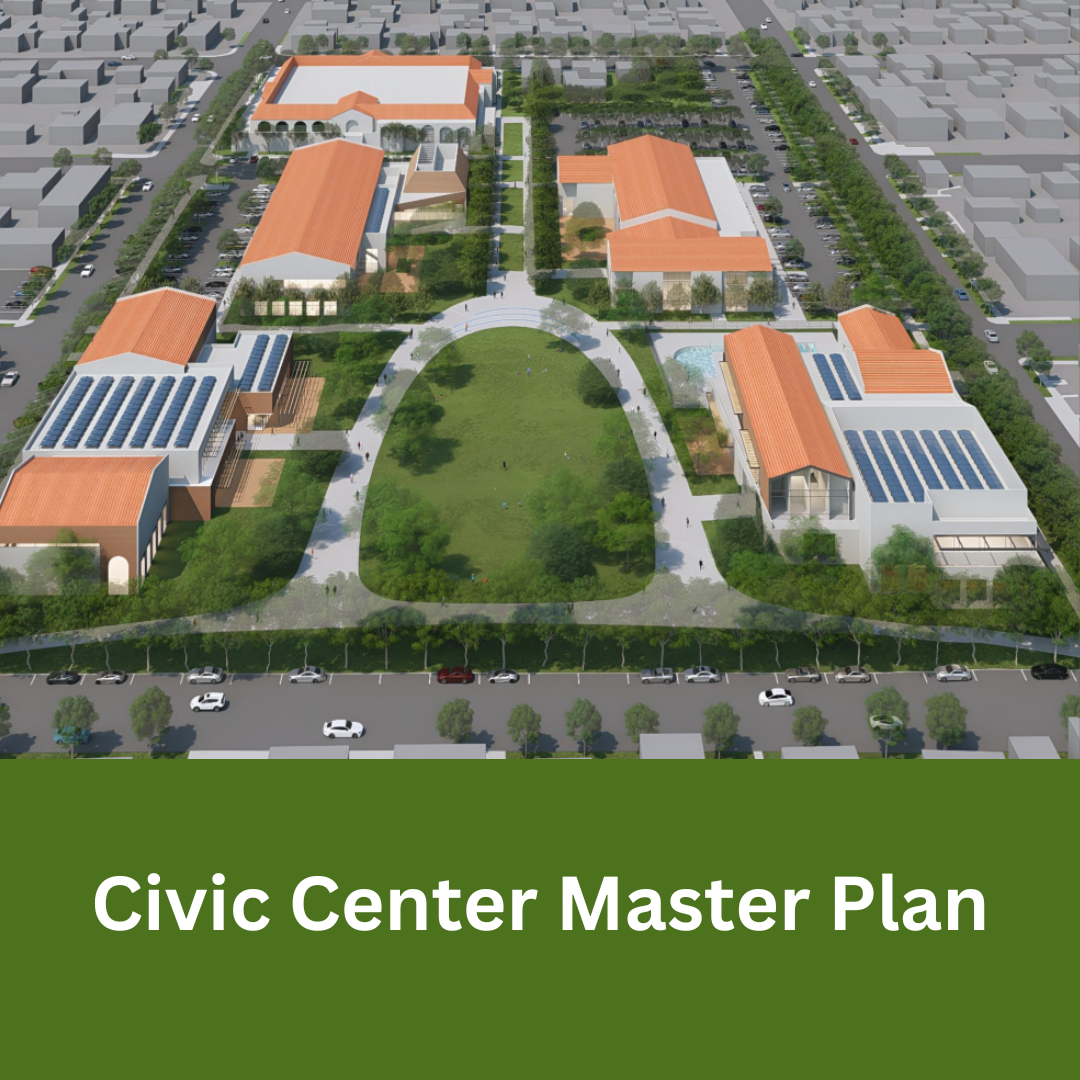Aerial rendering of the Civic Center Master Plan with civic buildings around a central green