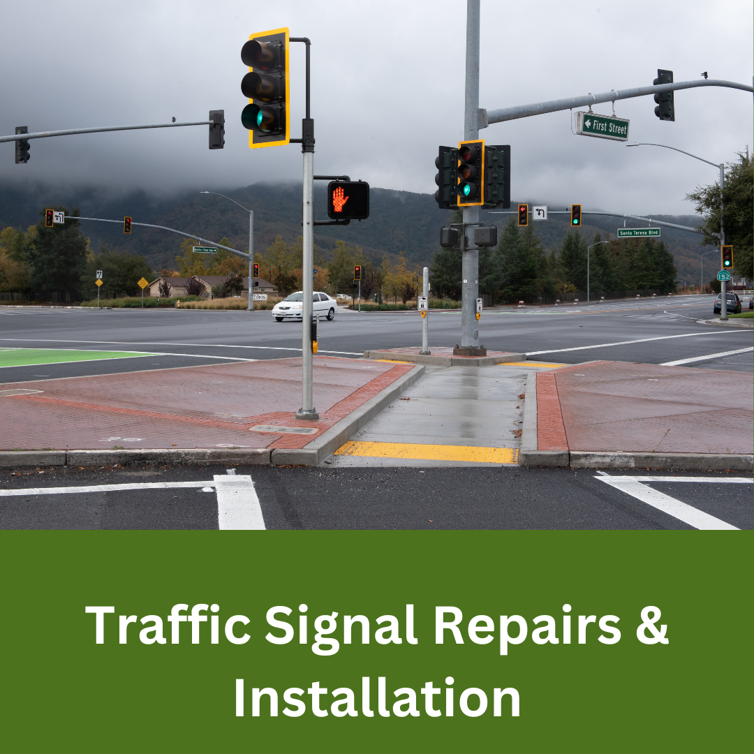 Signalized intersection with traffic lights and pedestrian ramps as part of traffic signal project