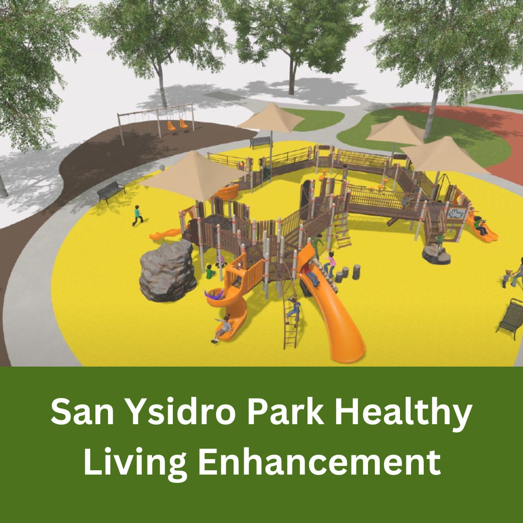 Rendering inclusive playground at San Ysidro Park with slides, climbing features, shade structures