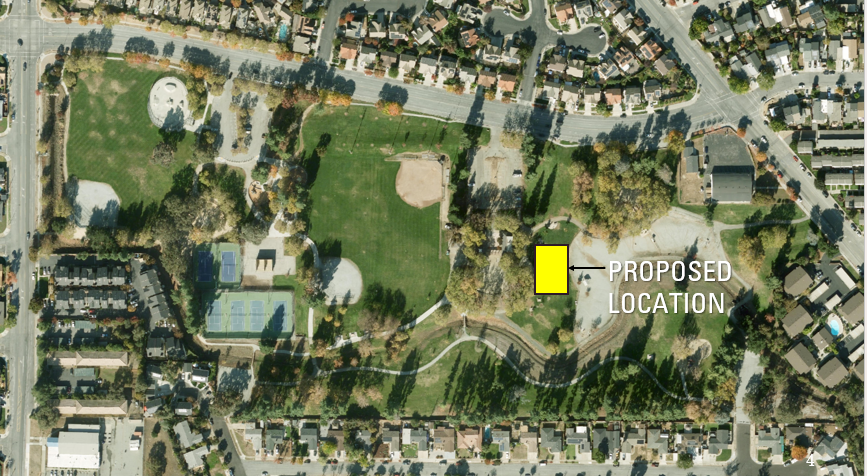 Aerial map of Las Animas Veteran Park highlighting the proposed project location within the park.