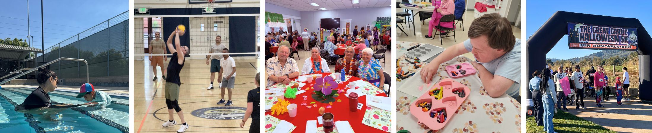 people in pool, men playing volleyball, seniors sitting at table, person doing art, race finish line
