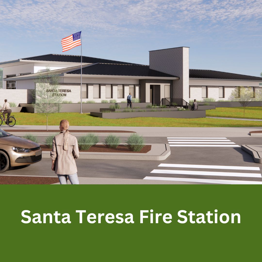 Station showing the building entrance, flagpole, and pedestrian crosswalk.
