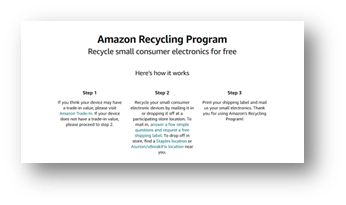 Amazon Recycling Program webpage explaining free mail-in recycling for small consumer electronics