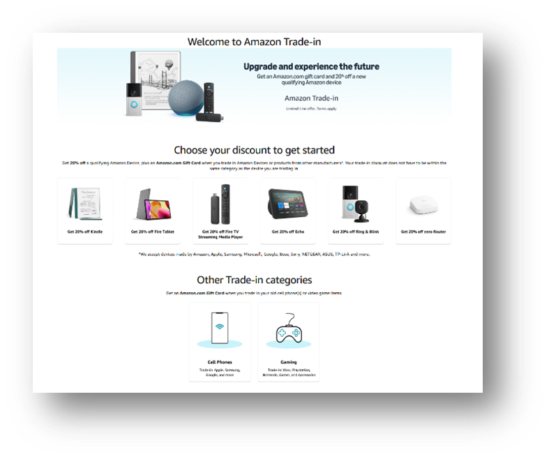 Amazon Trade-In webpage showing eligible devices, trade-in discounts, and categories for exchanging 